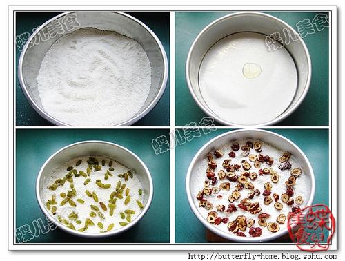 葡萄干红枣核桃仁松糕的做法