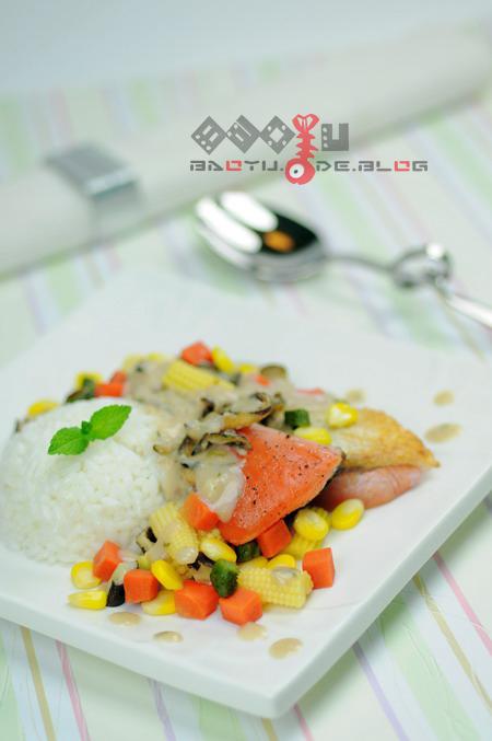 菇香白酱三文鱼饭的做法