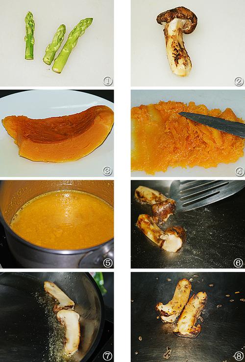 芦笋奶油南瓜浓汤配油煎松茸的做法