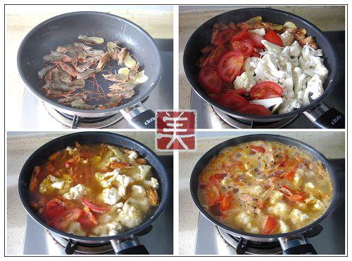 虾头番茄菜花汤的做法