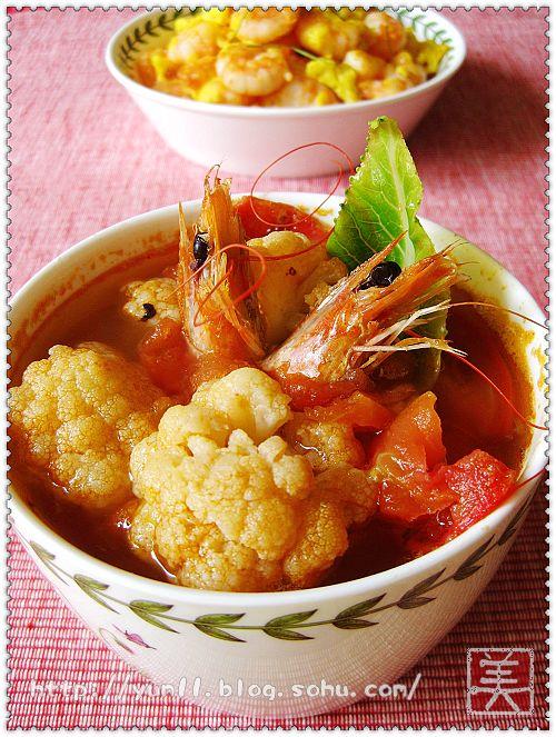 虾头番茄菜花汤的做法