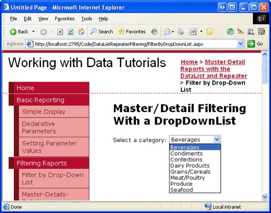 在ASP.NET 2.0中操作数据之三十三：基于DataList和Repeater使用DropDownList过滤的主/从报表
