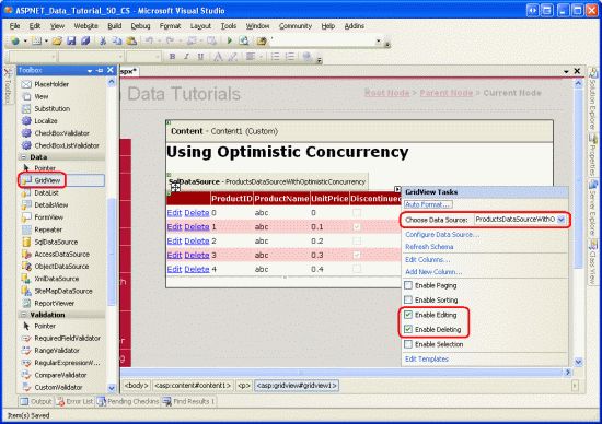 在ASP.NET 2.0中操作数据之四十八：对SqlDataSource控件使用开放式并发