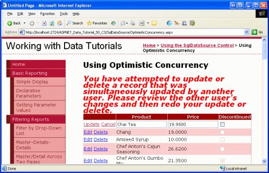 在ASP.NET 2.0中操作数据之四十八：对SqlDataSource控件使用开放式并发