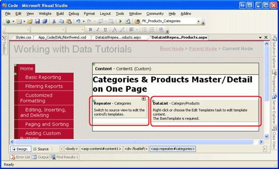 在ASP.NET 2.0中操作数据之三十五：使用Repeater和DataList单页面实现主/从报表