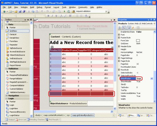 在ASP.NET 2.0中操作数据之五十一：从GridView的页脚插入新记录