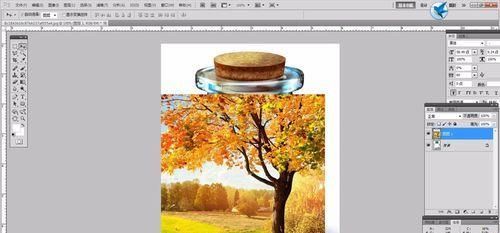 PS将一副美丽的风景放入空瓶子中