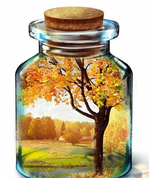 PS将一副美丽的风景放入空瓶子中